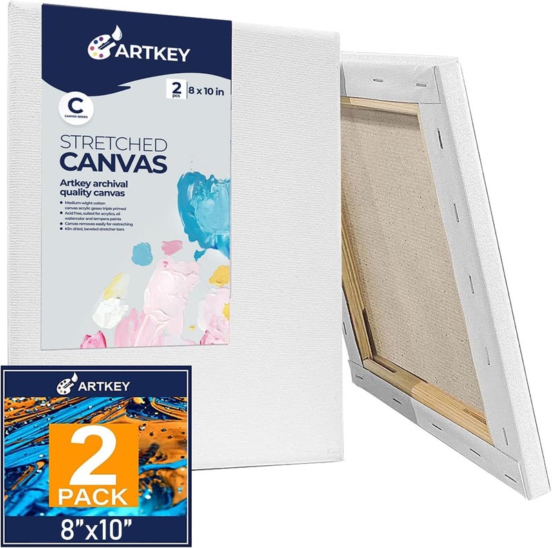Artkey Stretched Canvases for Painting 8x10 Inch 2-Pack, 10 oz Triple Primed Acid-Free 100% Cotton Blank Canvas, Art Canvases for Oil Paint Acrylics Pouring & Wet Art Media, Pour Painting - Image 1